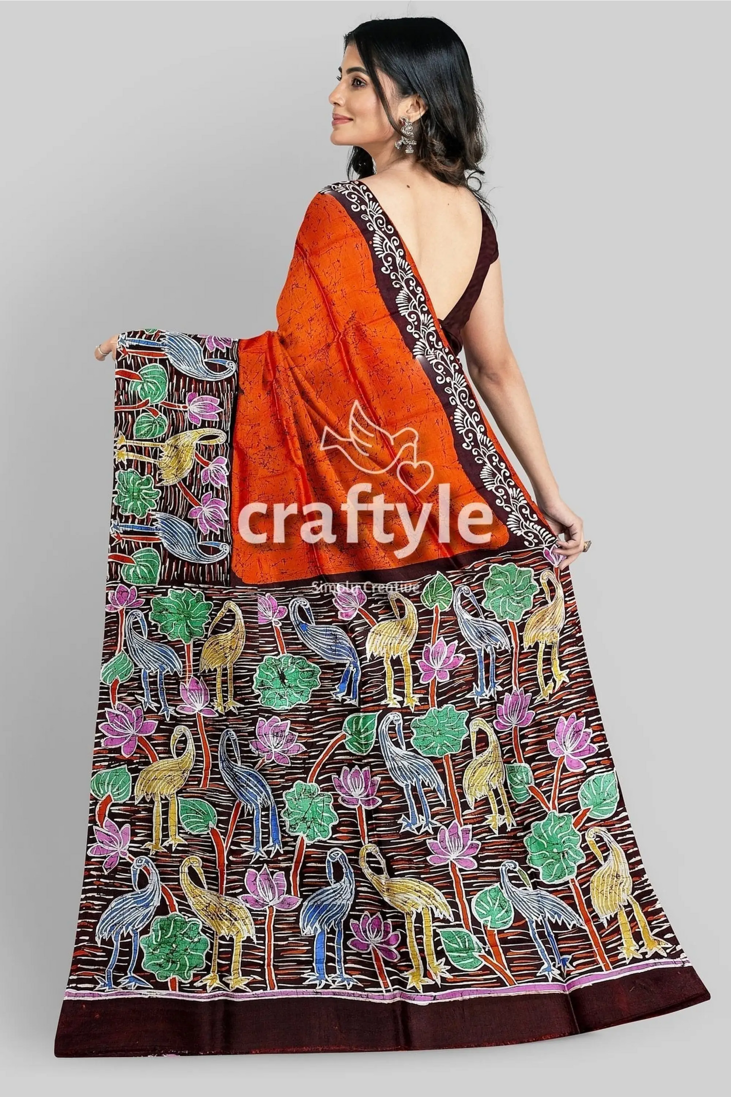 Giants orange floral bird motif hand batik pure mulberry silk saree orange saree bird lotus pattern 6