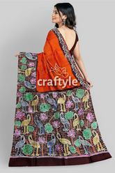 Giants orange floral bird motif hand batik pure mulberry silk saree orange saree bird lotus pattern 6