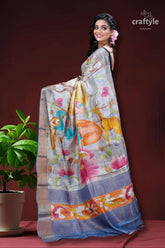 Goddess design handcrafted zari border pure tussar kalamkari sari woman colorful saree 3