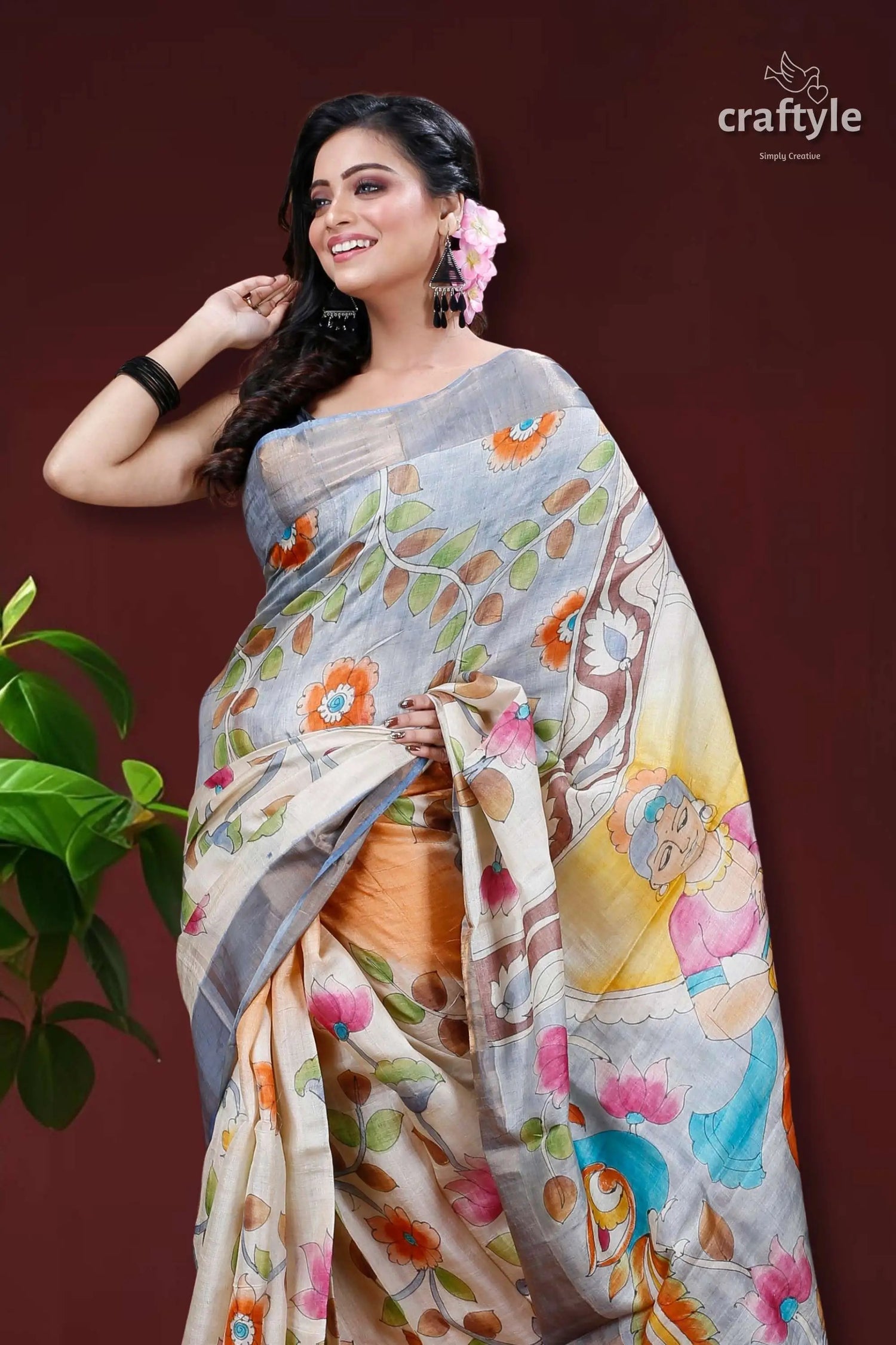 Goddess design handcrafted zari border pure tussar kalamkari sari woman patterned saree 2