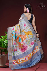 Goddess design handcrafted zari border pure tussar kalamkari sari hand-painted saree floral animal motifs 4