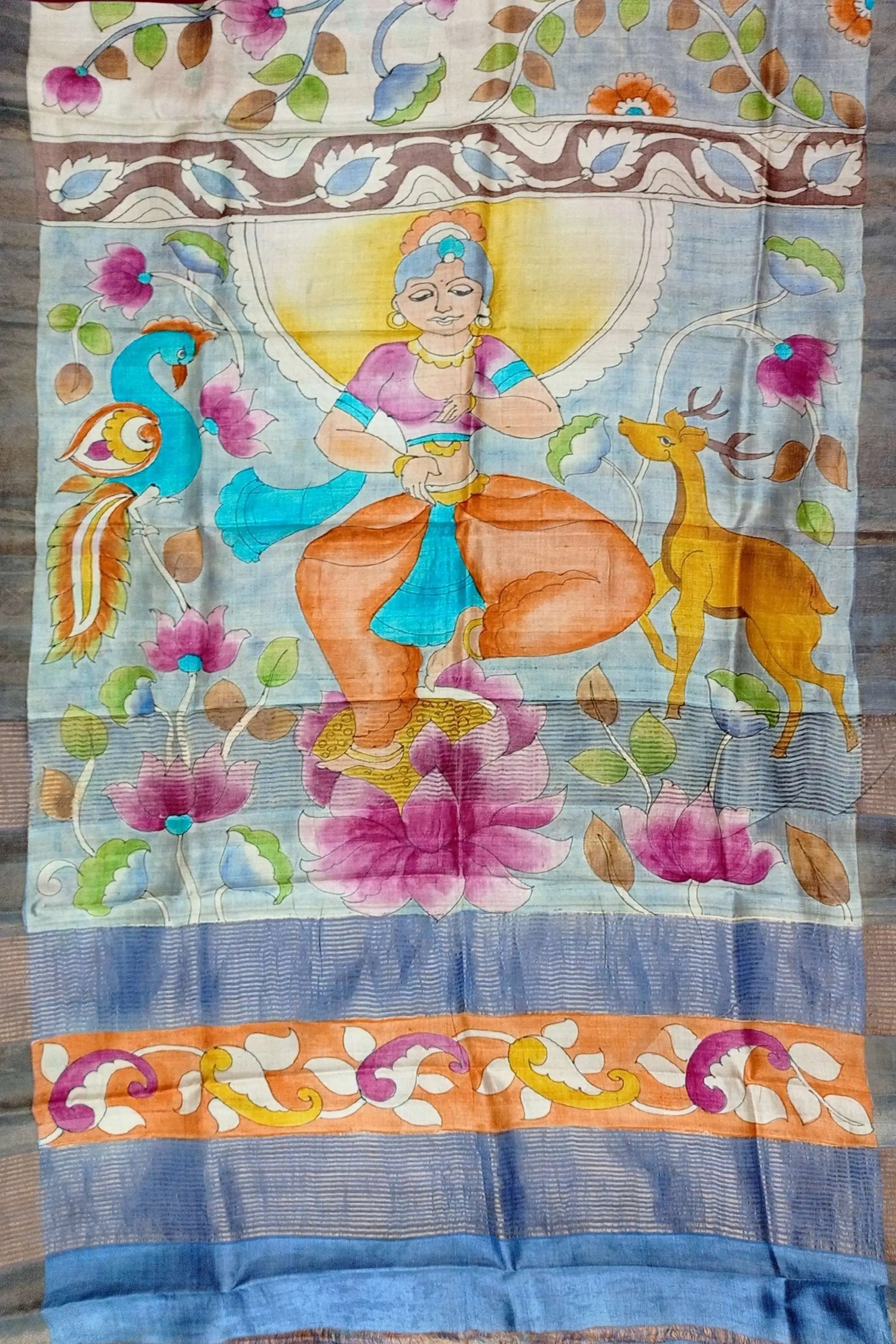 Goddess design handcrafted zari border pure tussar kalamkari sari hand-painted silk saree 5