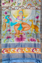 Goddess design handcrafted zari border pure tussar kalamkari sari hand-painted silk saree 5