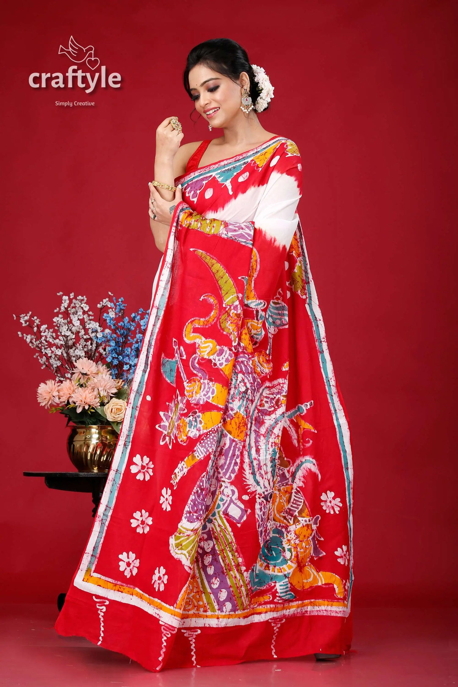 Goddess design masterpiece hand batik pure cotton saree red white batik saree 4