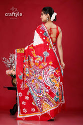 Goddess design masterpiece hand batik pure cotton saree red white patterned saree 5