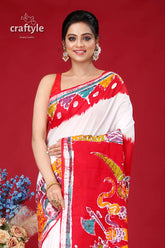 Goddess design masterpiece hand batik pure cotton saree woman red white batik saree 2