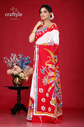 Goddess design masterpiece hand batik pure cotton saree red white patterned saree 3