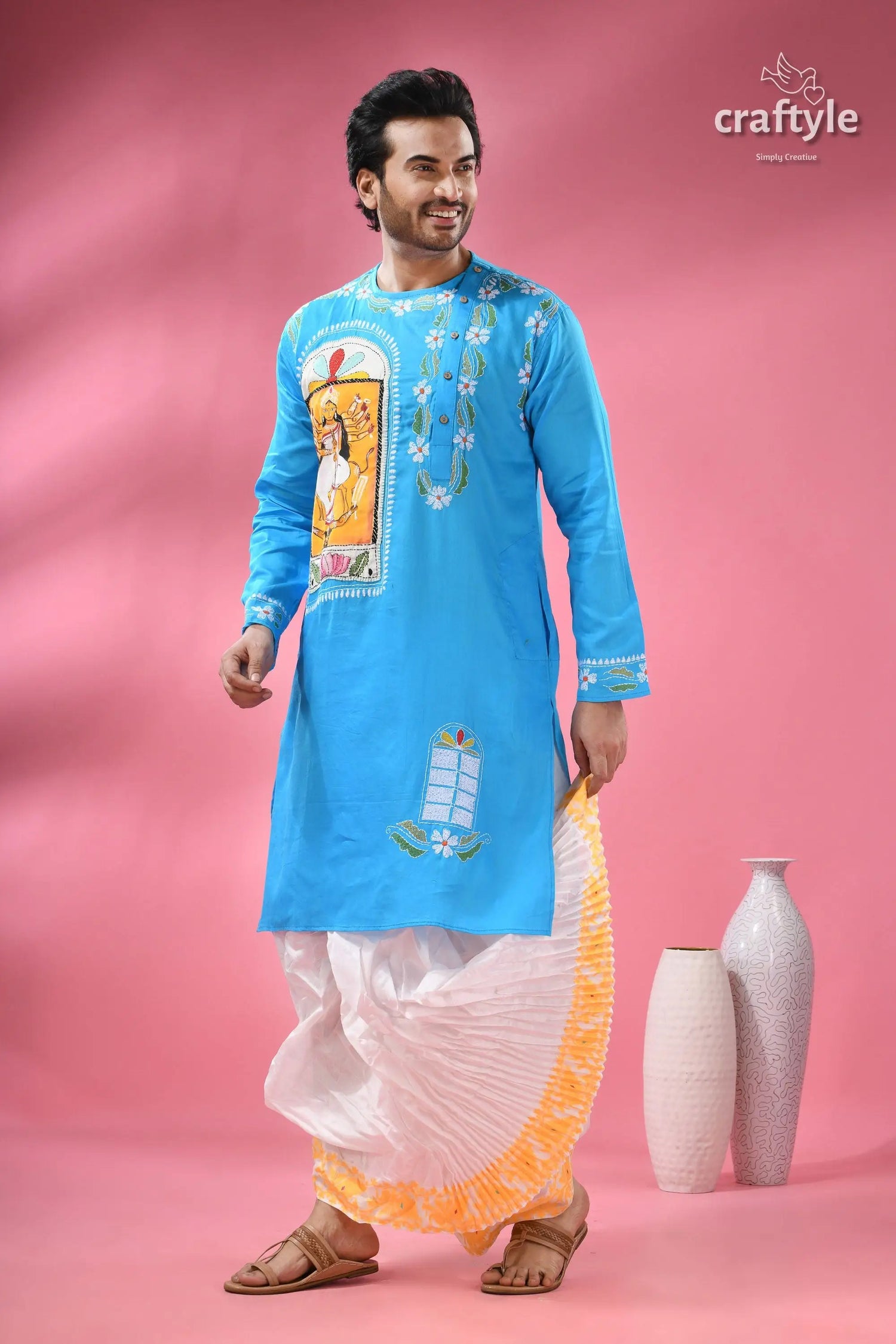Goddess durga ma hand painted kantha sticth panjabi for men men’s light blue kurta white 6