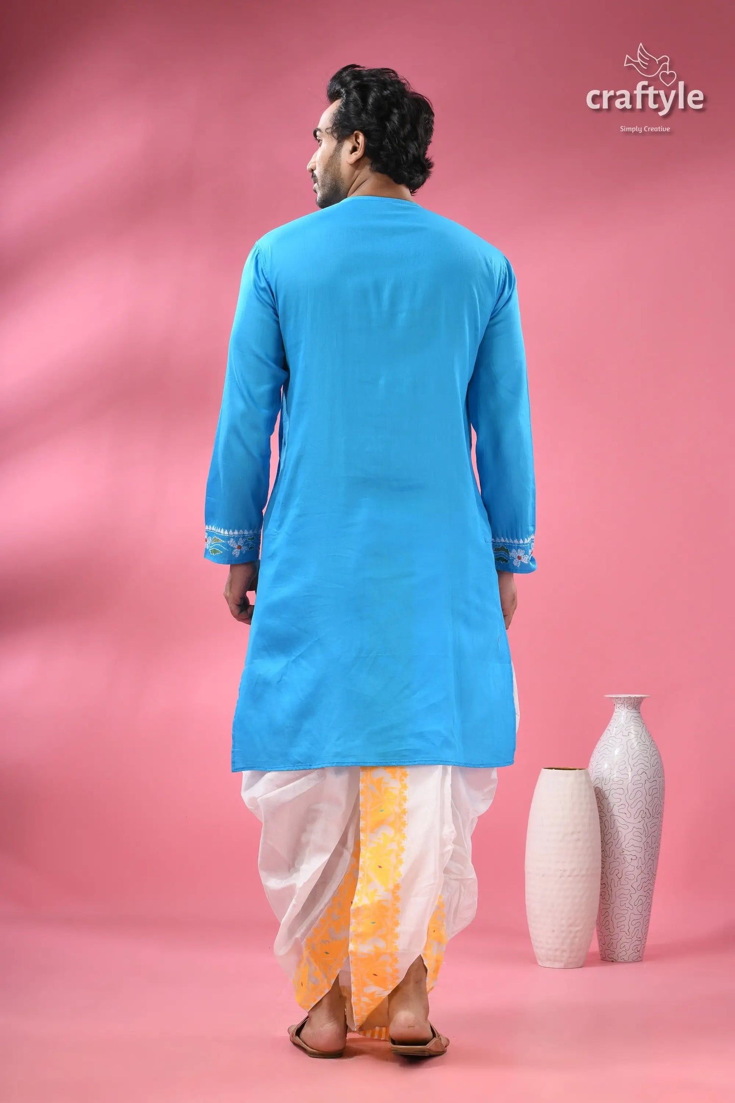 Goddess durga ma hand painted kantha sticth panjabi for men men’s blue kurta white dhoti 7