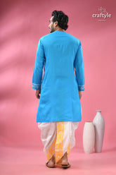 Goddess durga ma hand painted kantha sticth panjabi for men men’s blue kurta white dhoti 7