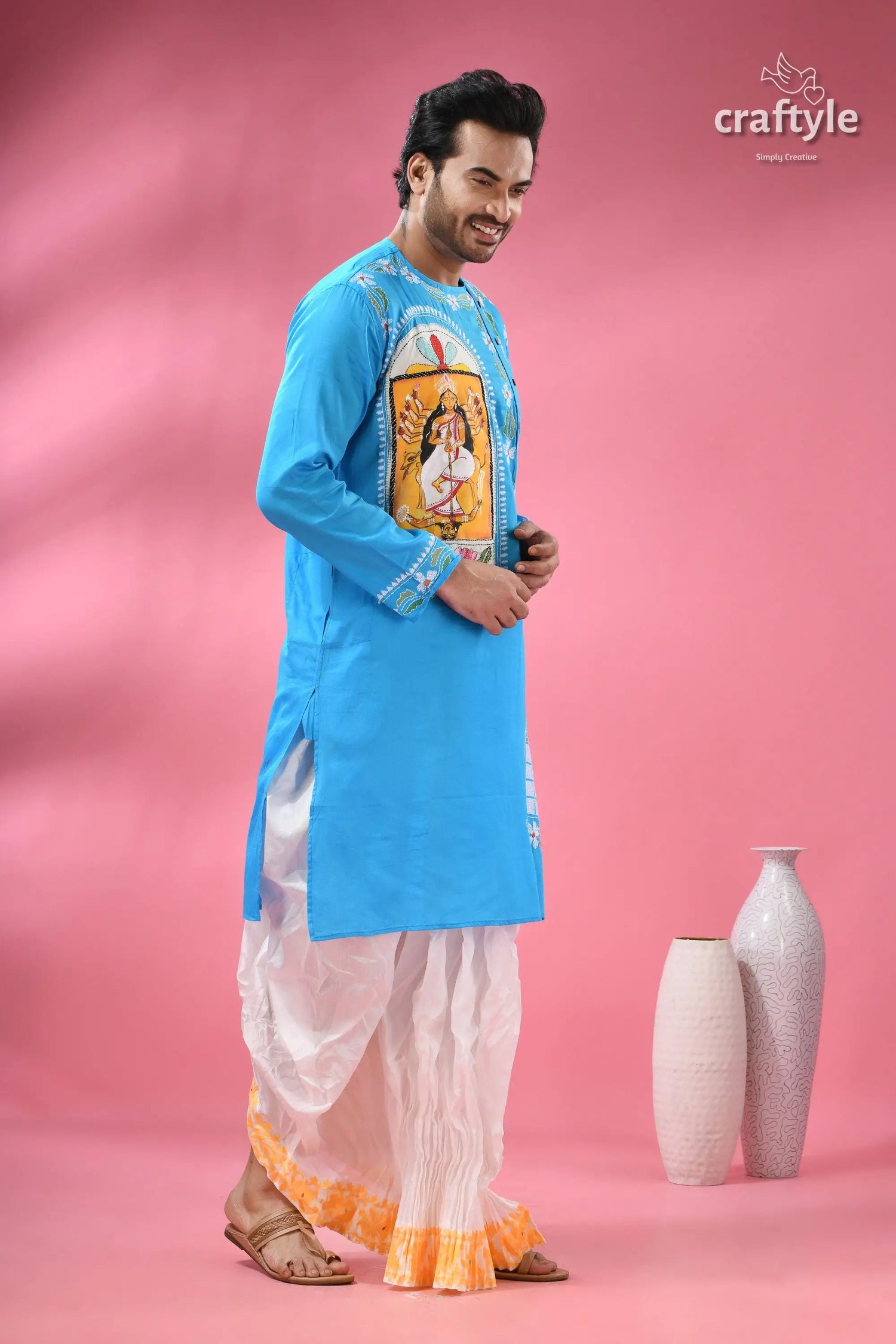 Goddess durga ma hand painted kantha sticth panjabi for men sky blue kurta hand painted traditional 5
