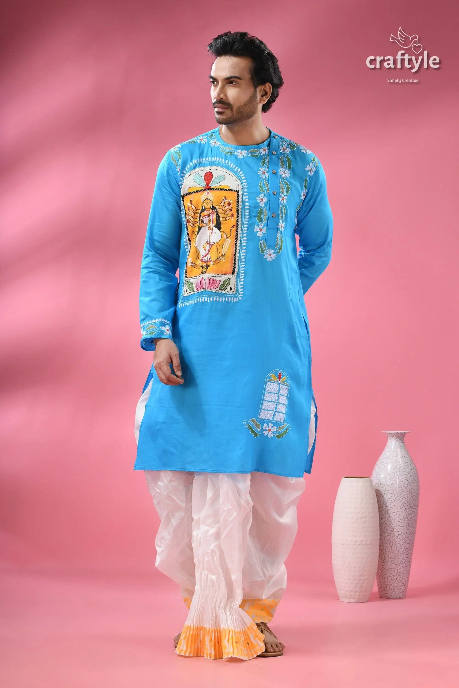 Goddess durga ma hand painted kantha sticth panjabi for men light blue kurta colorful print 4