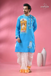 Goddess durga ma hand painted kantha sticth panjabi for men light blue kurta colorful print 4