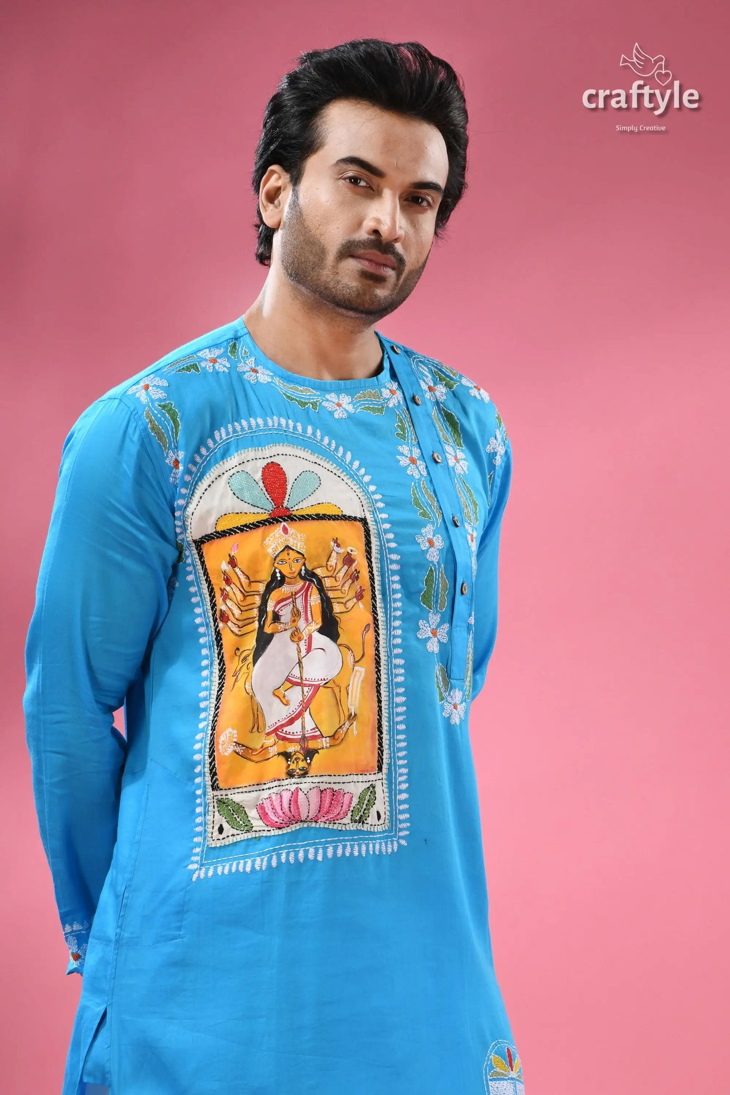 Goddess durga ma hand painted kantha sticth panjabi for men men’s light blue kurti colorful 3