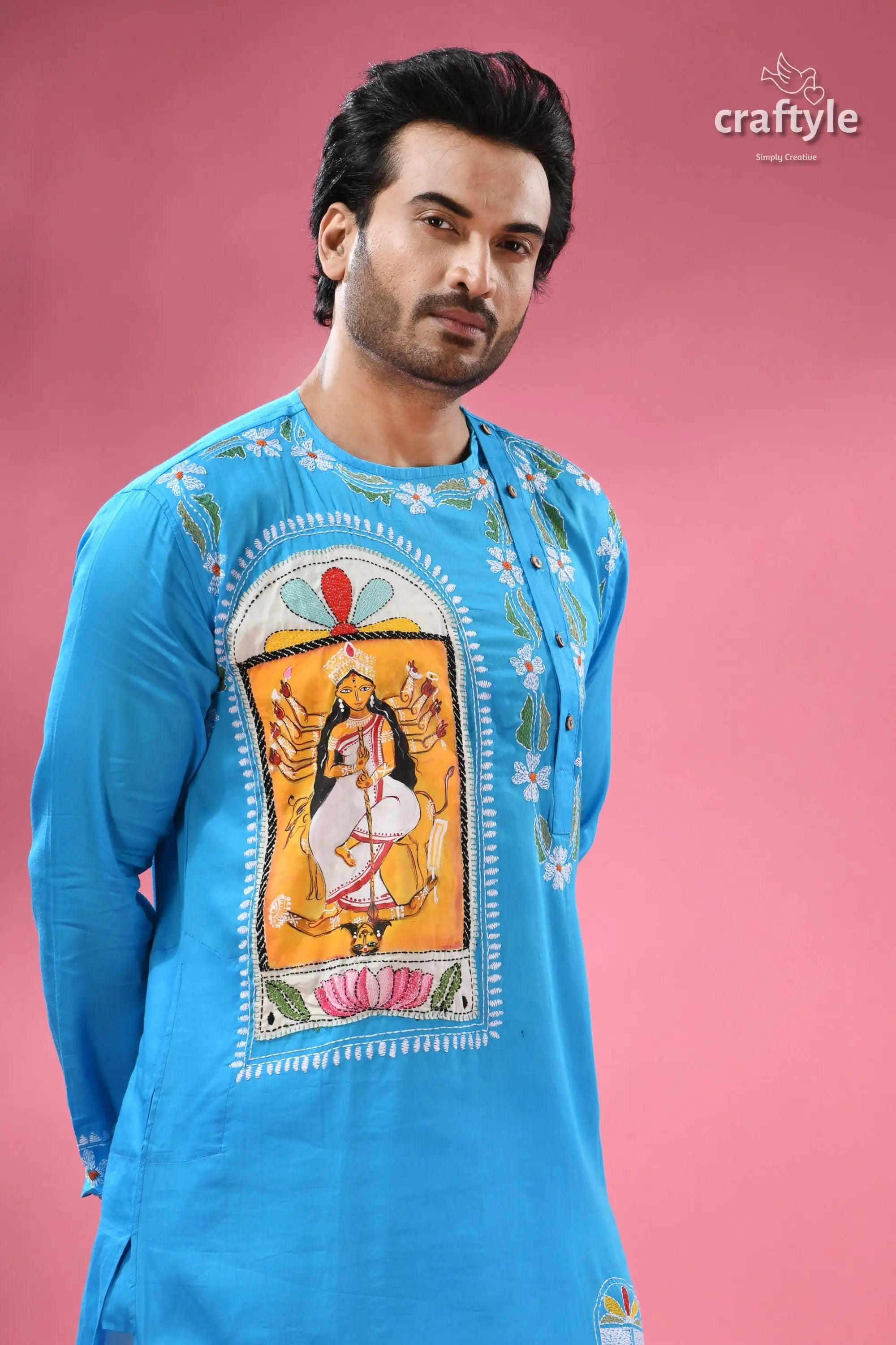 Goddess durga ma hand painted kantha sticth panjabi for men men’s light blue kurti colorful 3