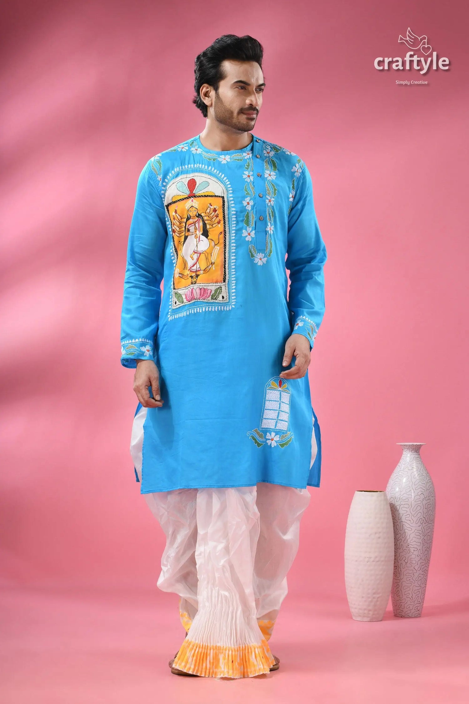 Goddess durga ma hand painted kantha sticth panjabi for men men’s blue kurta traditional artwork 2