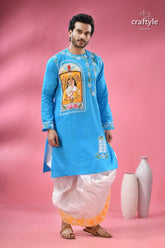Goddess durga ma hand painted kantha sticth panjabi for men men’s light blue kurta traditional 1