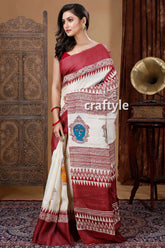 Goddess motif berry red hand block print pure tussar saree woman white maroon saree 3
