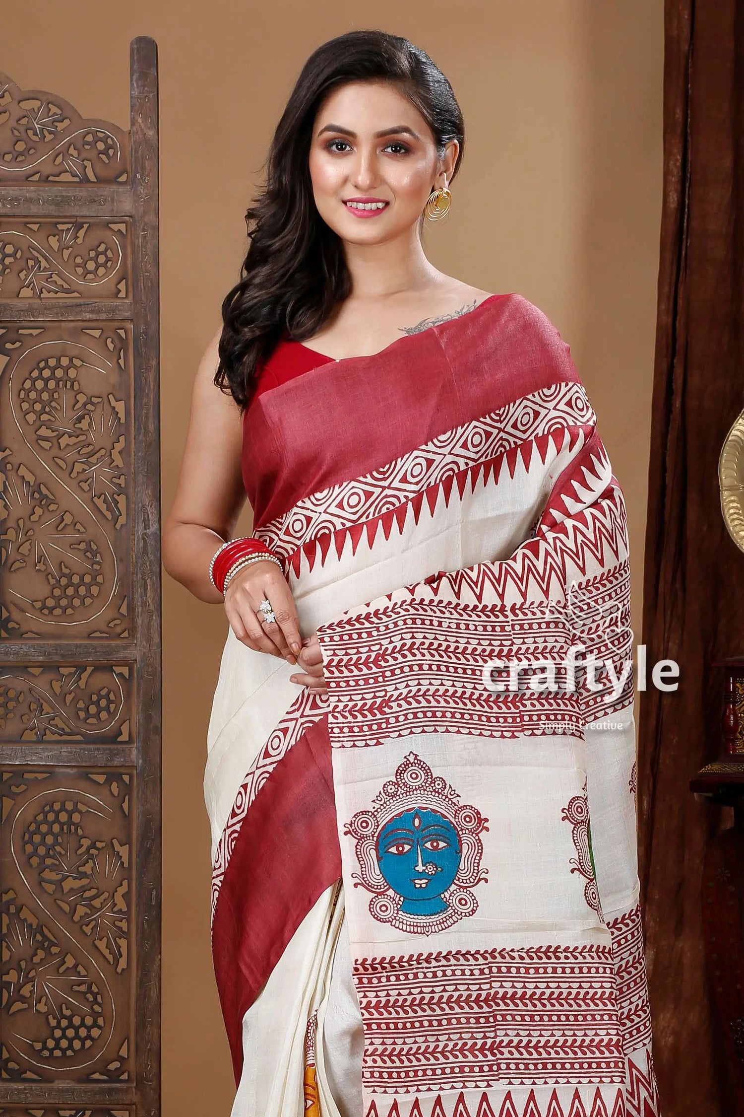Goddess motif berry red hand block print pure tussar saree woman white maroon saree blue 2