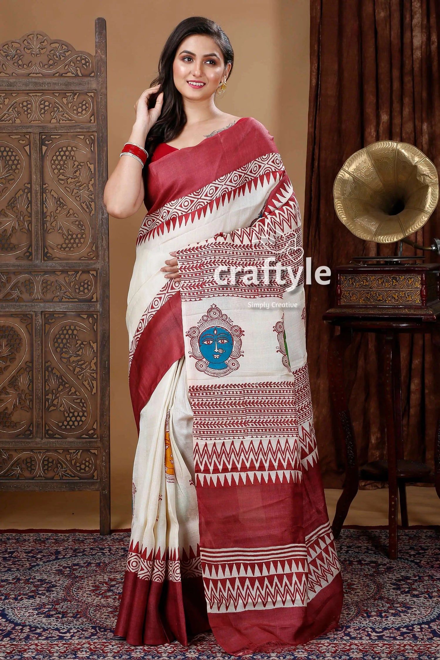 Goddess motif berry red hand block print pure tussar saree woman white maroon saree 1