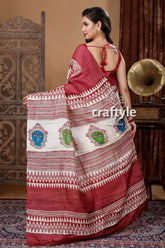 Goddess motif berry red hand block print pure tussar saree maroon white saree face designs 4