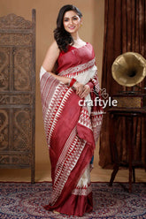 Goddess motif berry red hand block print pure tussar saree maroon white patterned saree 5