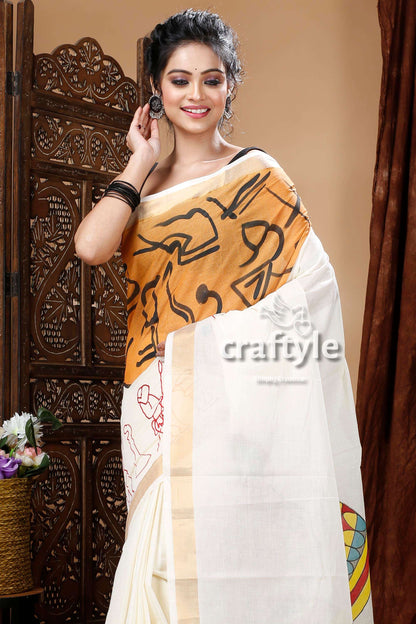 Goddess Motif Unique Hand Painted Kerala Cotton Saree-Craftyle