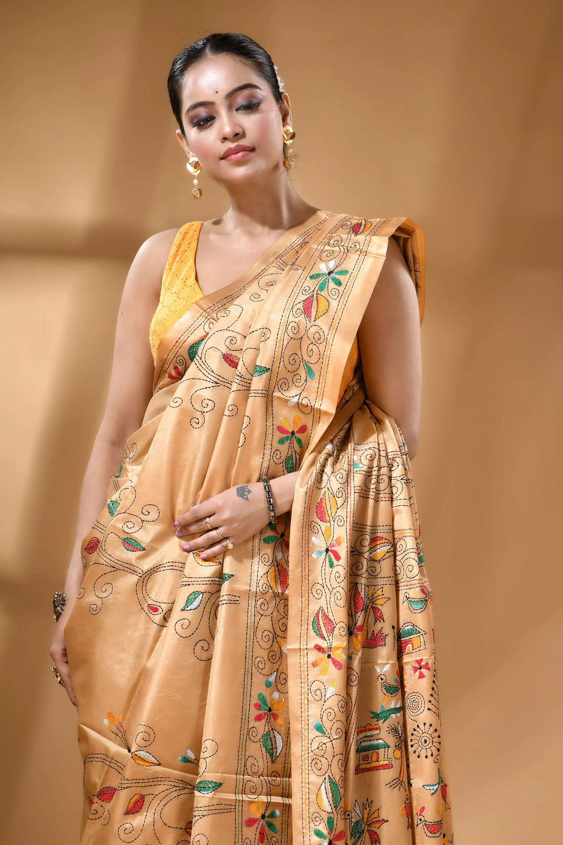 Golden beige handcrafted village theme multicolor silk kantha saree golden-yellow silk saree intricate floral 2