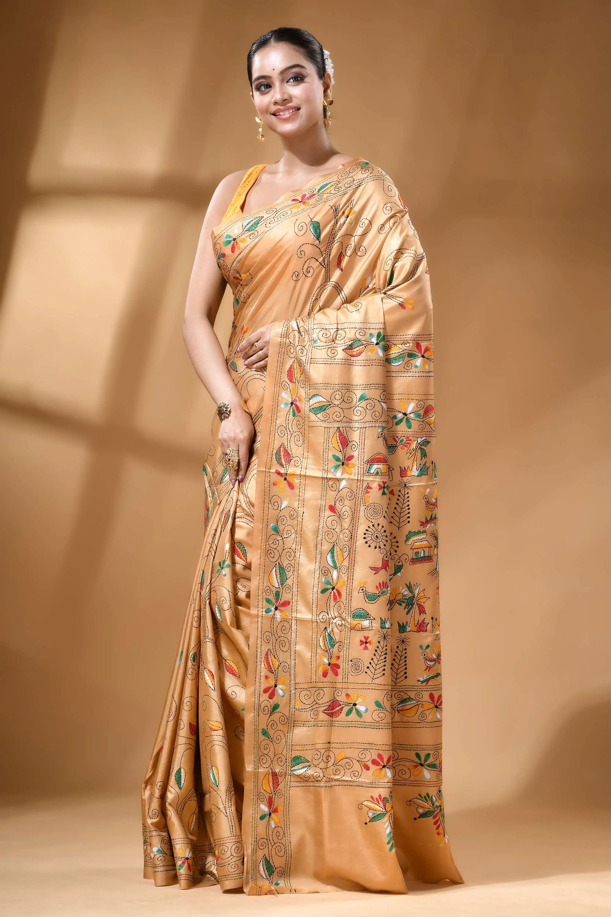 Golden beige handcrafted village theme multicolor silk kantha saree golden silk saree adorned intricate 3