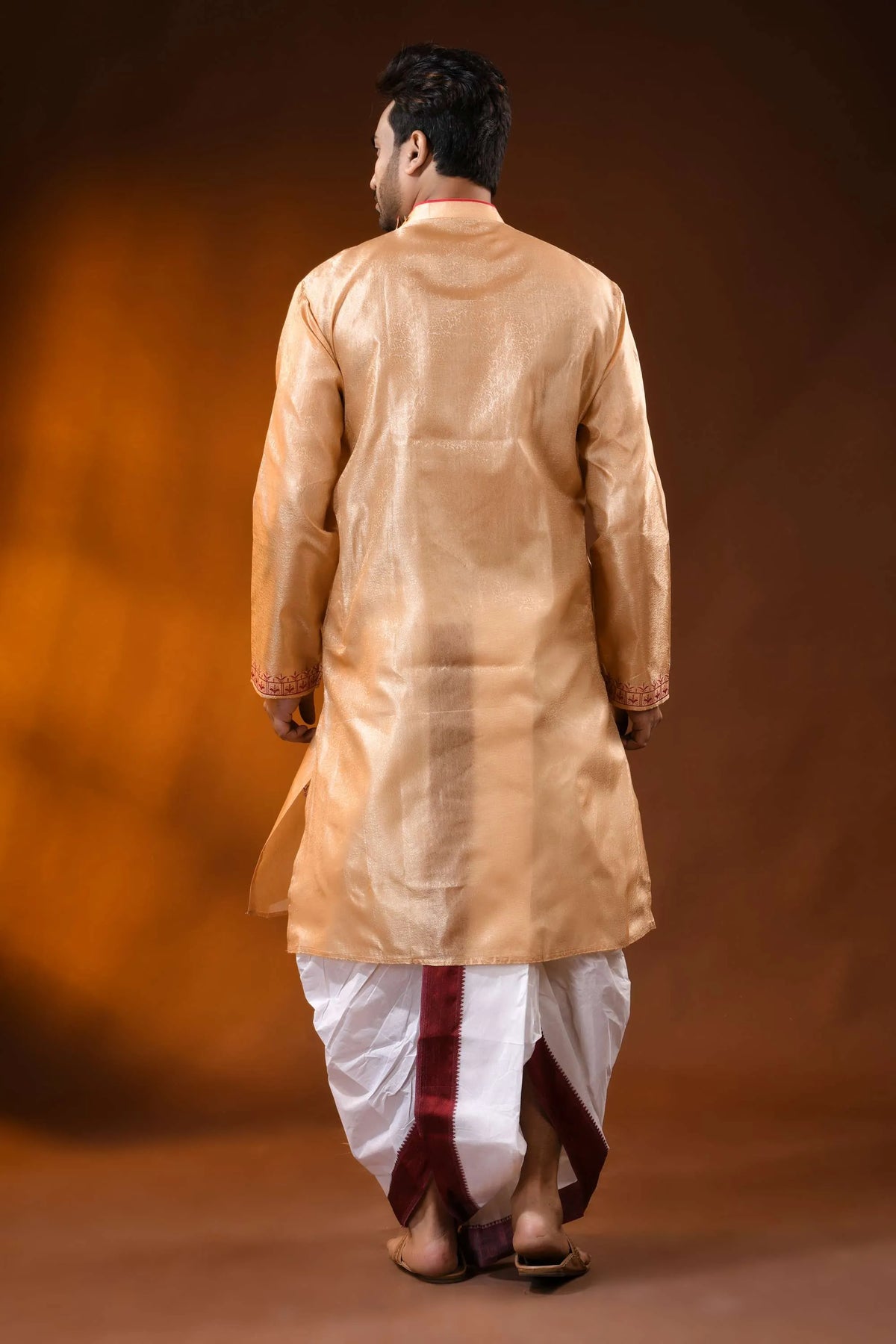Golden beige semi tussar embroidery horse motif punjabi for men 5