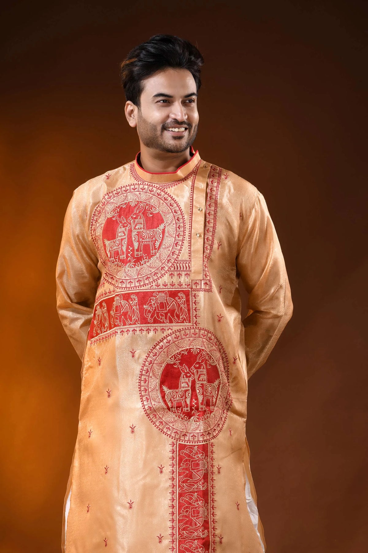 Golden beige semi tussar embroidery horse motif punjabi for men 2