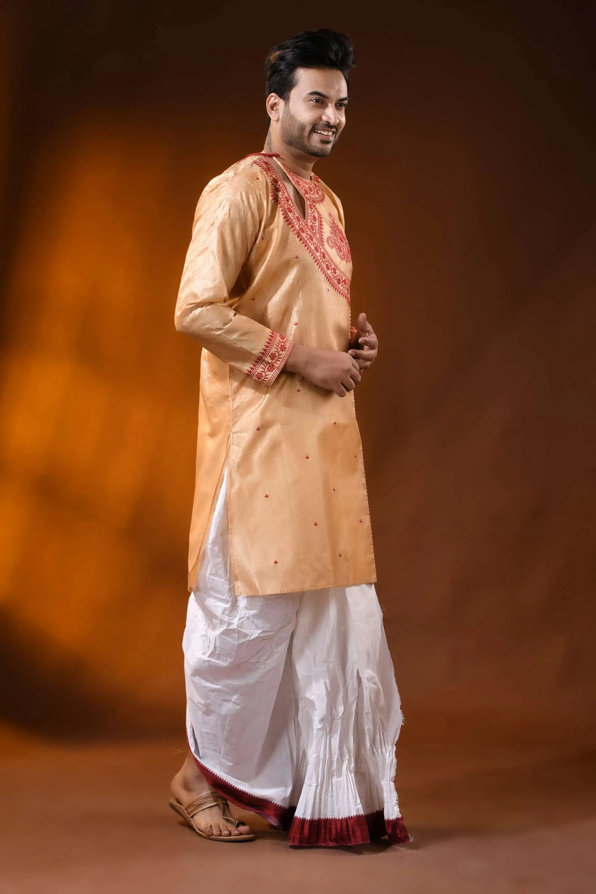 Golden beige semi tussar embroidery punjabi for men - floral design 4