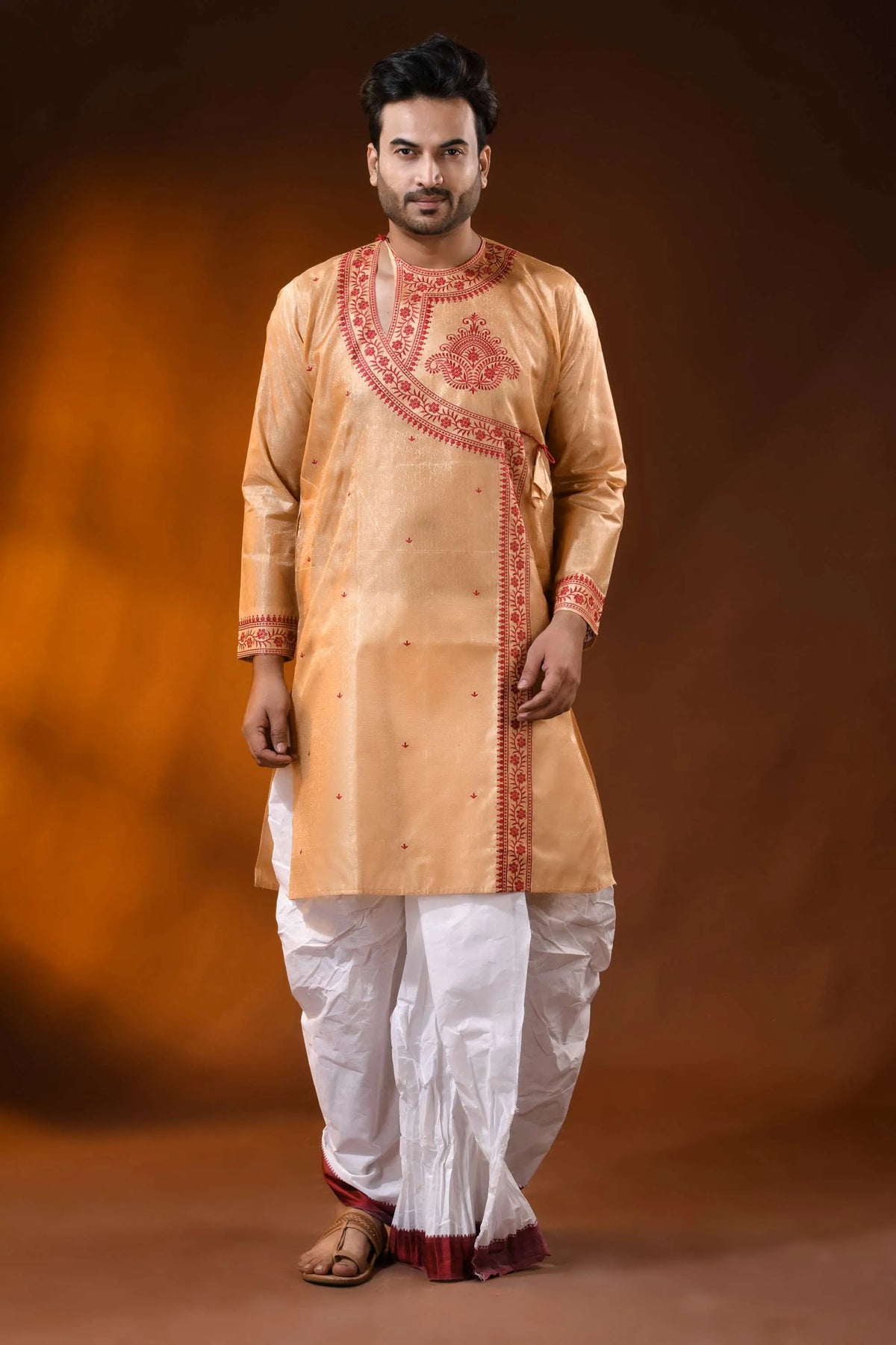 Golden beige semi tussar embroidery punjabi for men - floral design 1