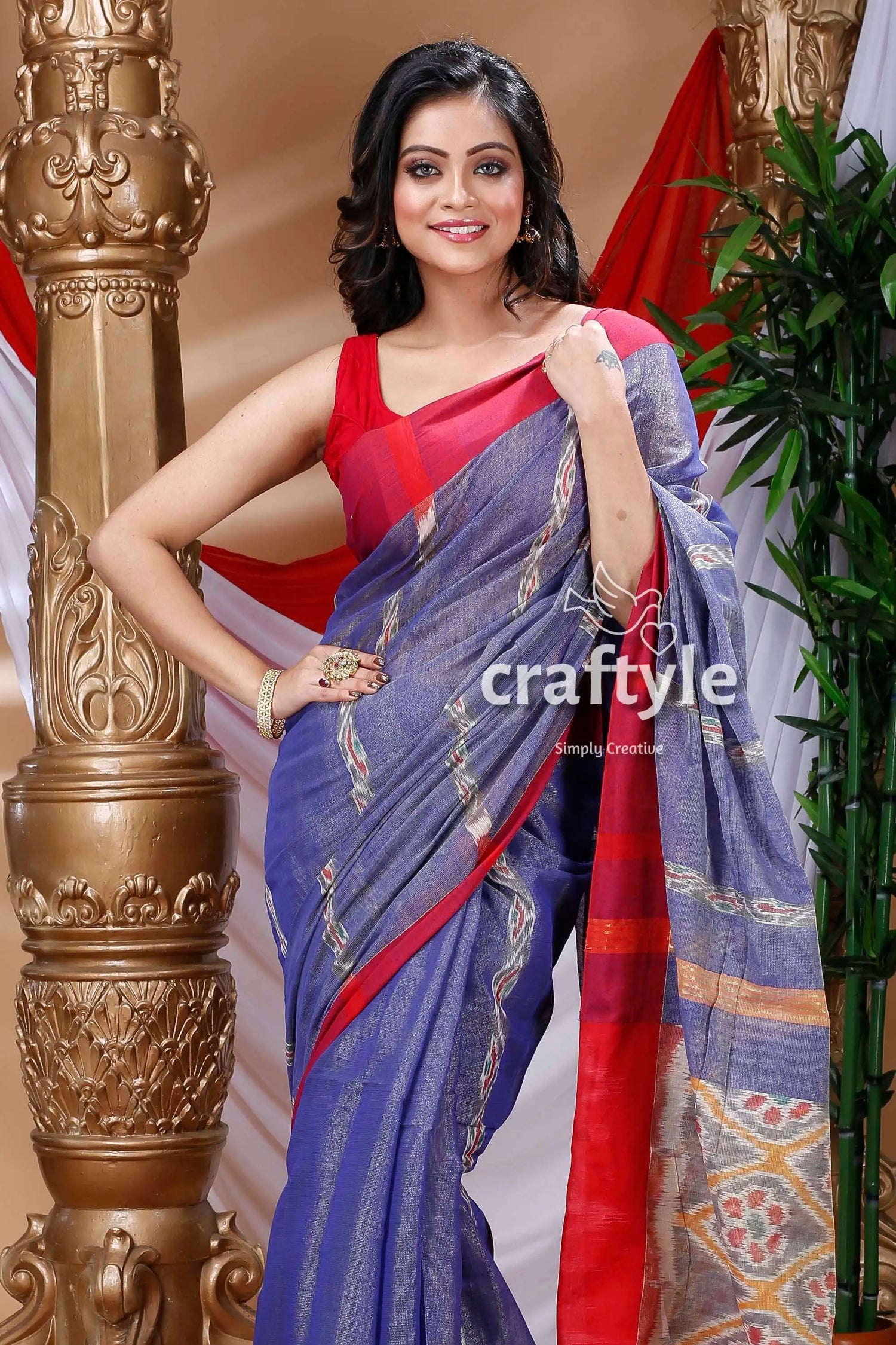 Golden blue handloom cotton saree woman blue red saree 2
