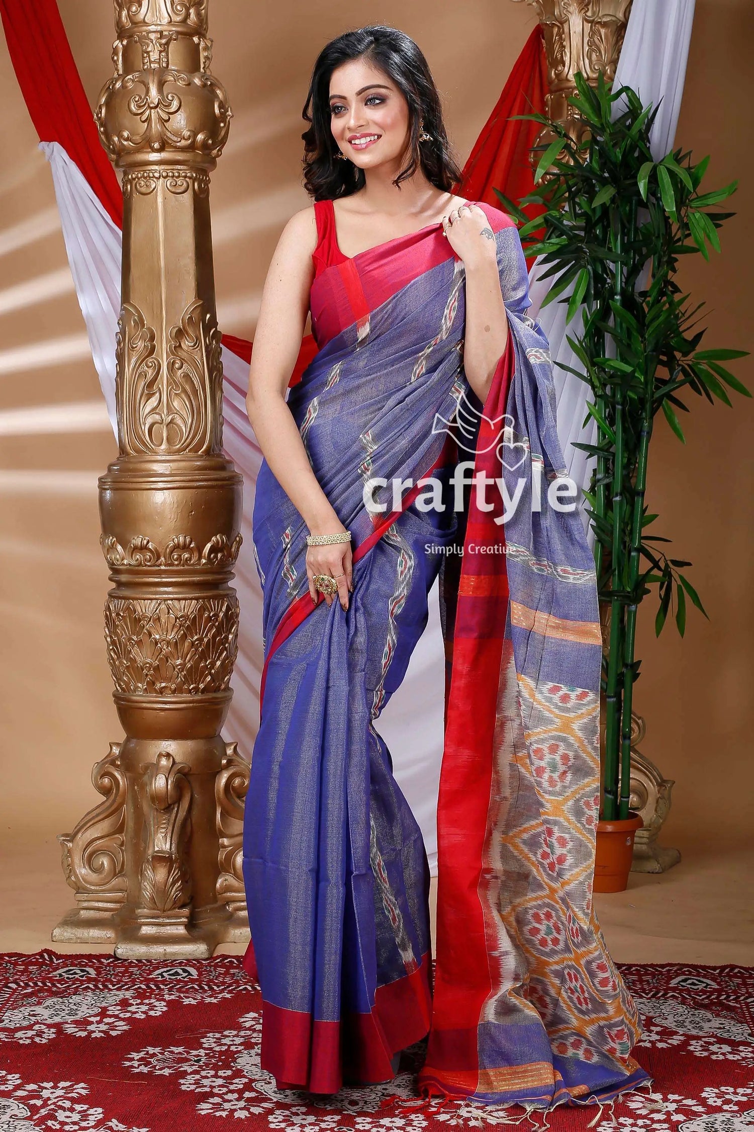 Golden blue handloom cotton saree blue red saree 3