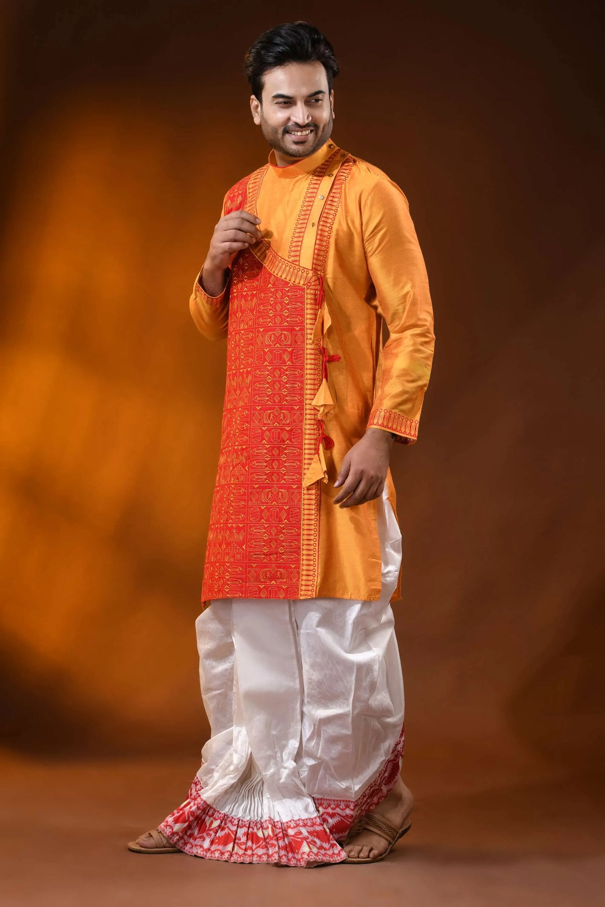 Golden mustard cotton silk embroidery kurta for men - ethnic design 4