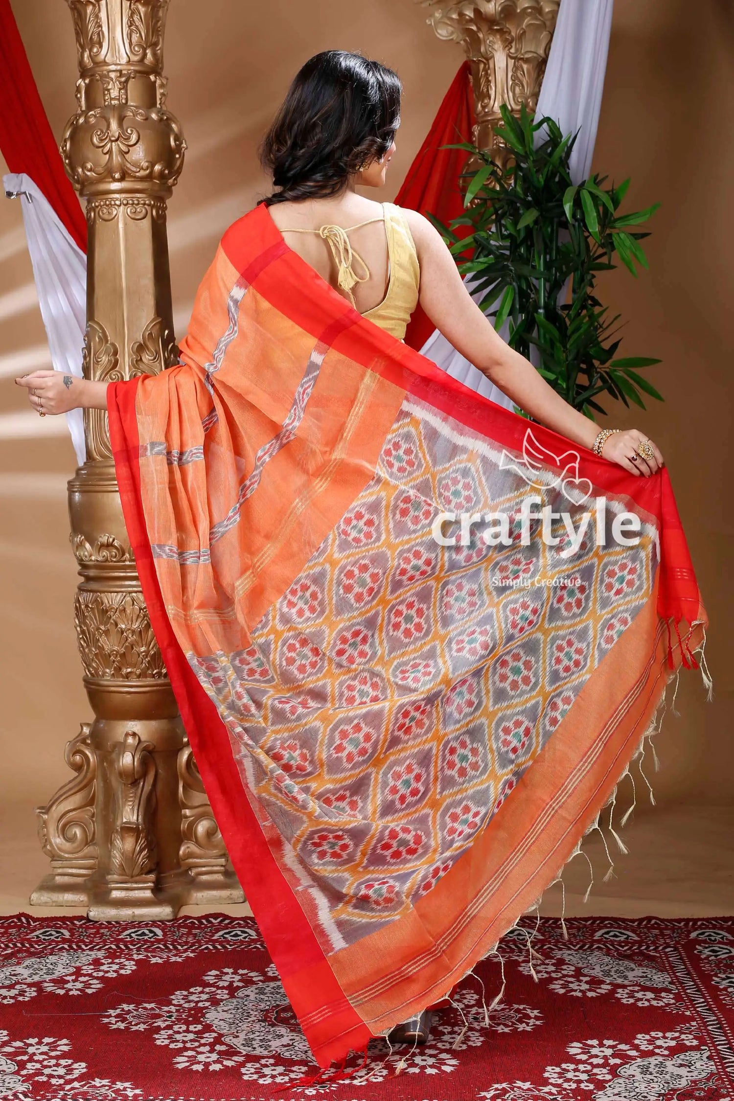 Golden orange handloom cotton saree orange red patterned saree 4