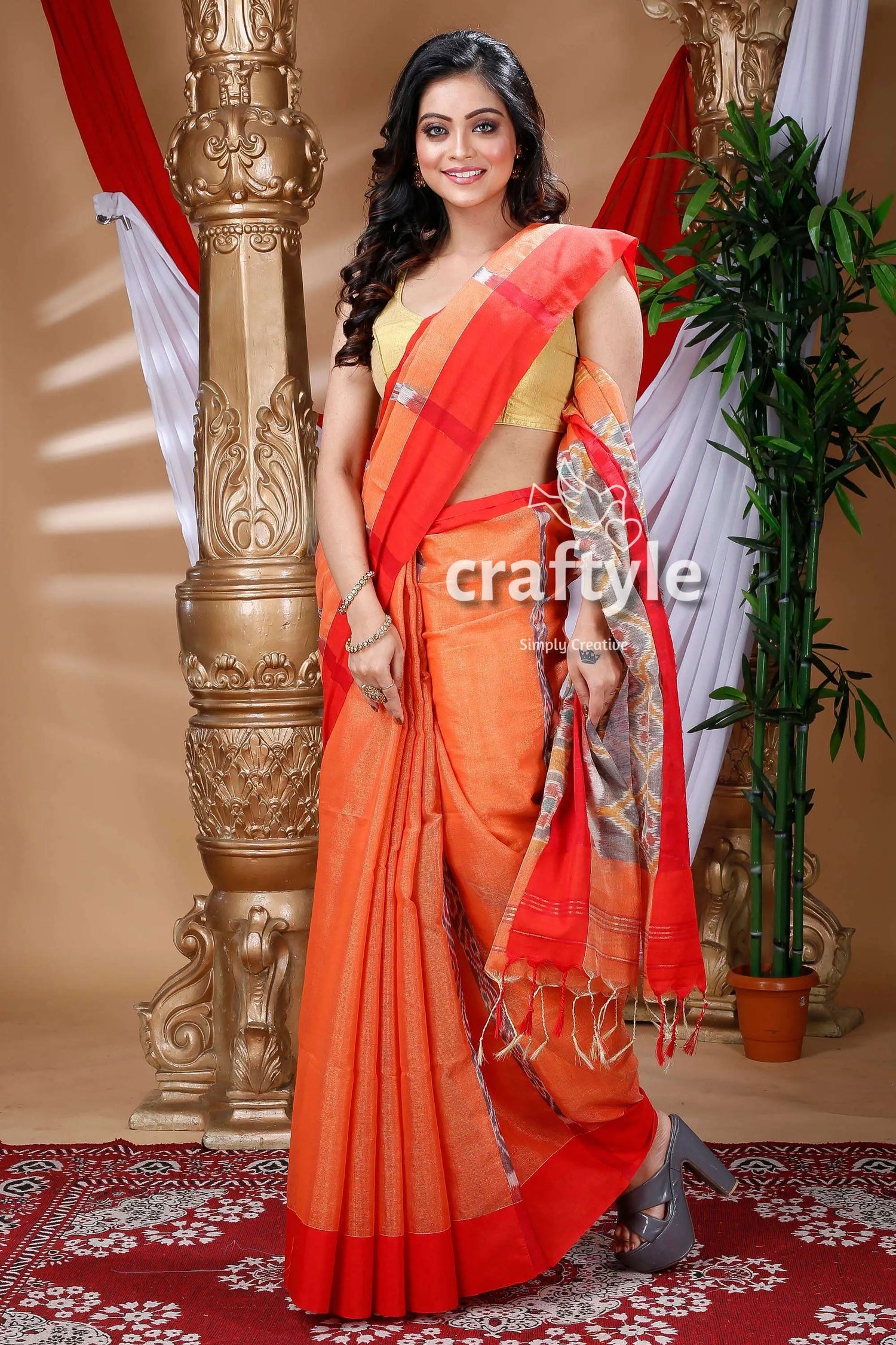 Golden orange handloom cotton saree orange red saree 3