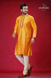 Golden yellow and red embroidery ethnic silk kurta for men man yellow embroidered kurta white 4