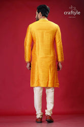 Golden yellow and red embroidery ethnic silk kurta for men yellow kurta pajama set 5