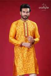 Golden yellow and red embroidery ethnic silk kurta for men yellow embroidered kurta 2