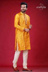 Golden yellow and red embroidery ethnic silk kurta for men embroidered yellow kurta pajama set 3