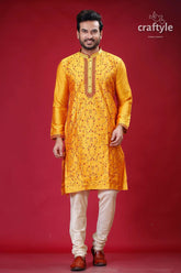 Golden yellow and red embroidery ethnic silk kurta for men yellow embroidered kurta pajama set 1