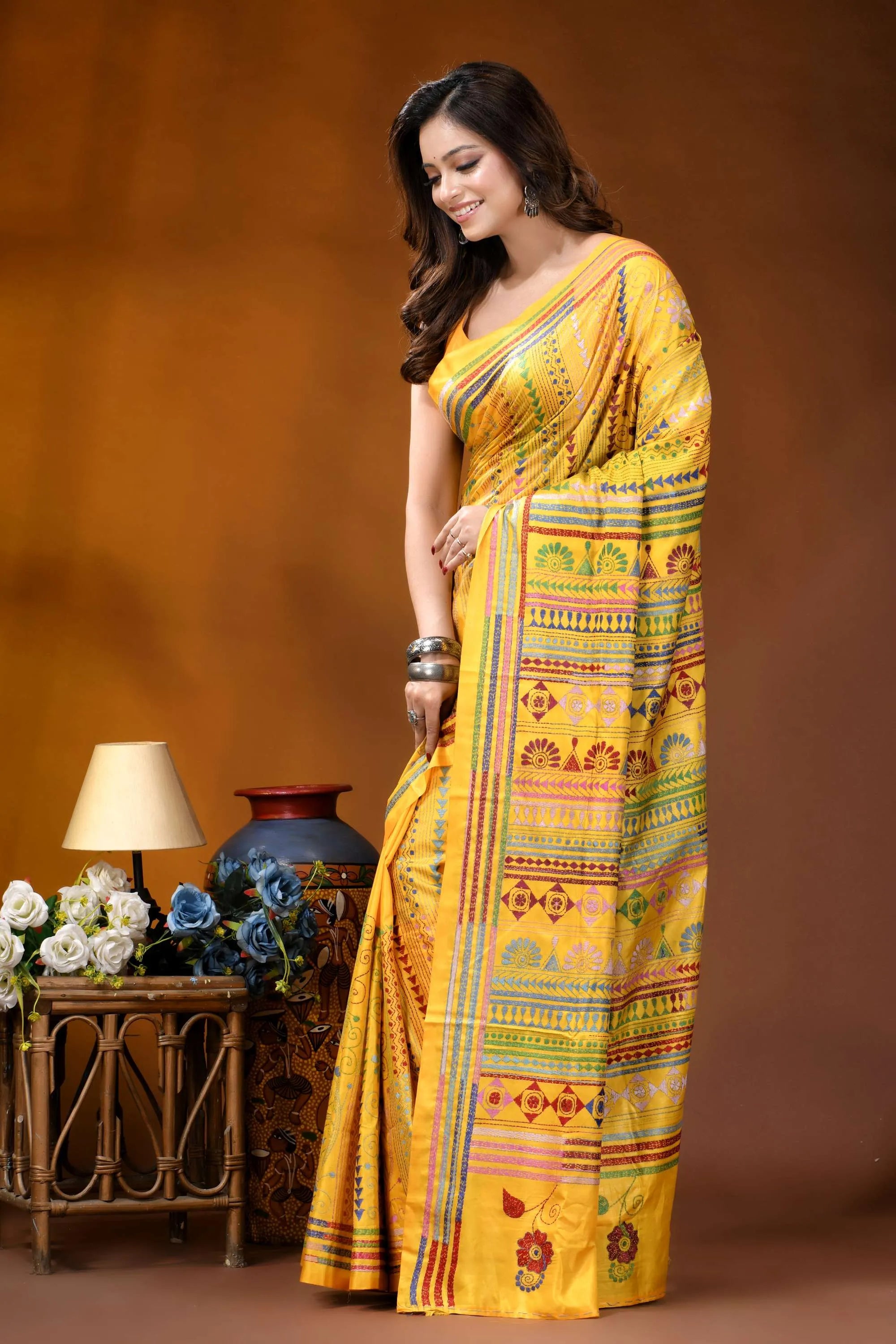Golden yellow ethnic stripe design handmade silk kantha saree vibrant yellow saree intricate geometric 3