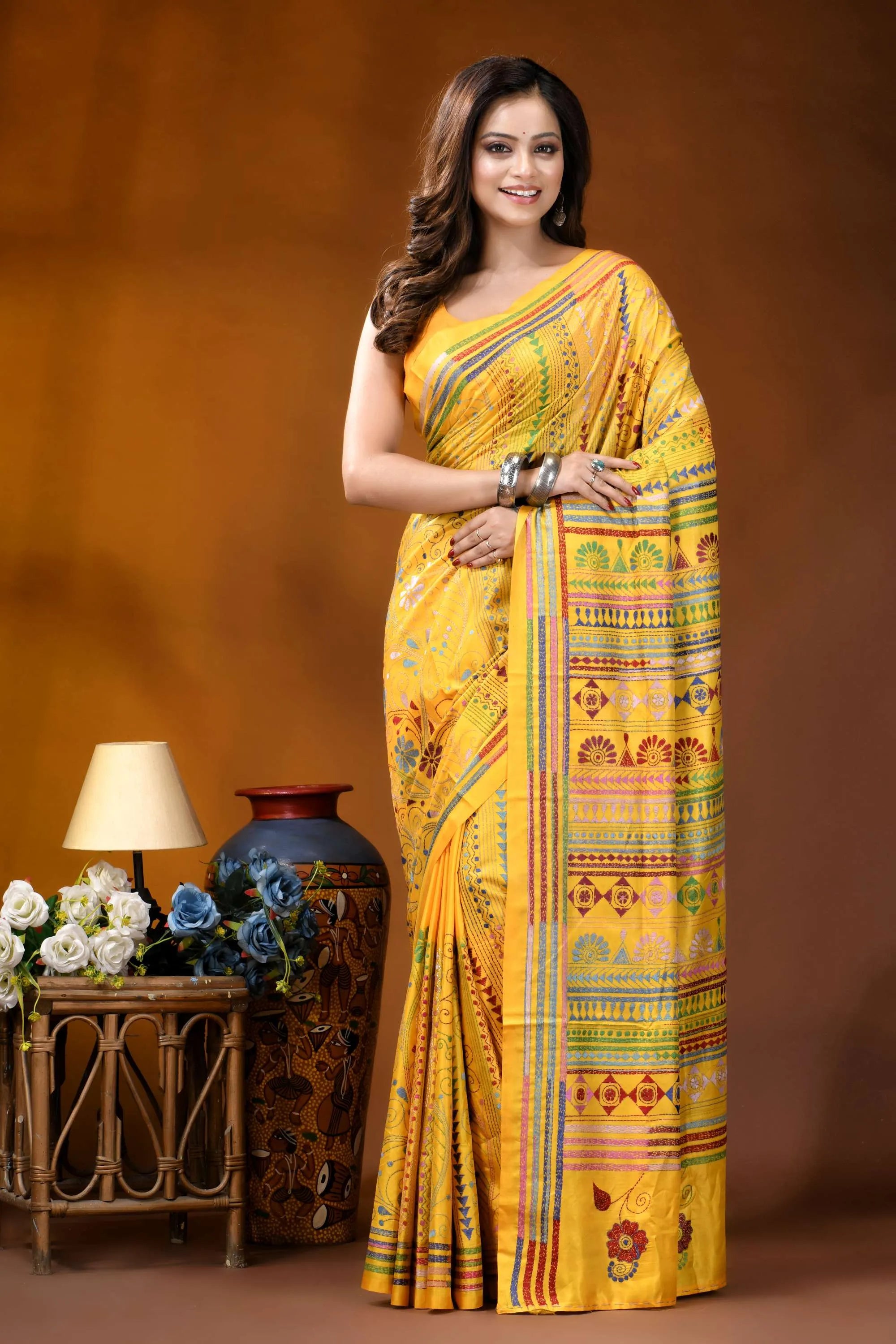 Golden yellow ethnic stripe design handmade silk kantha saree vibrant yellow saree intricate geometric 1