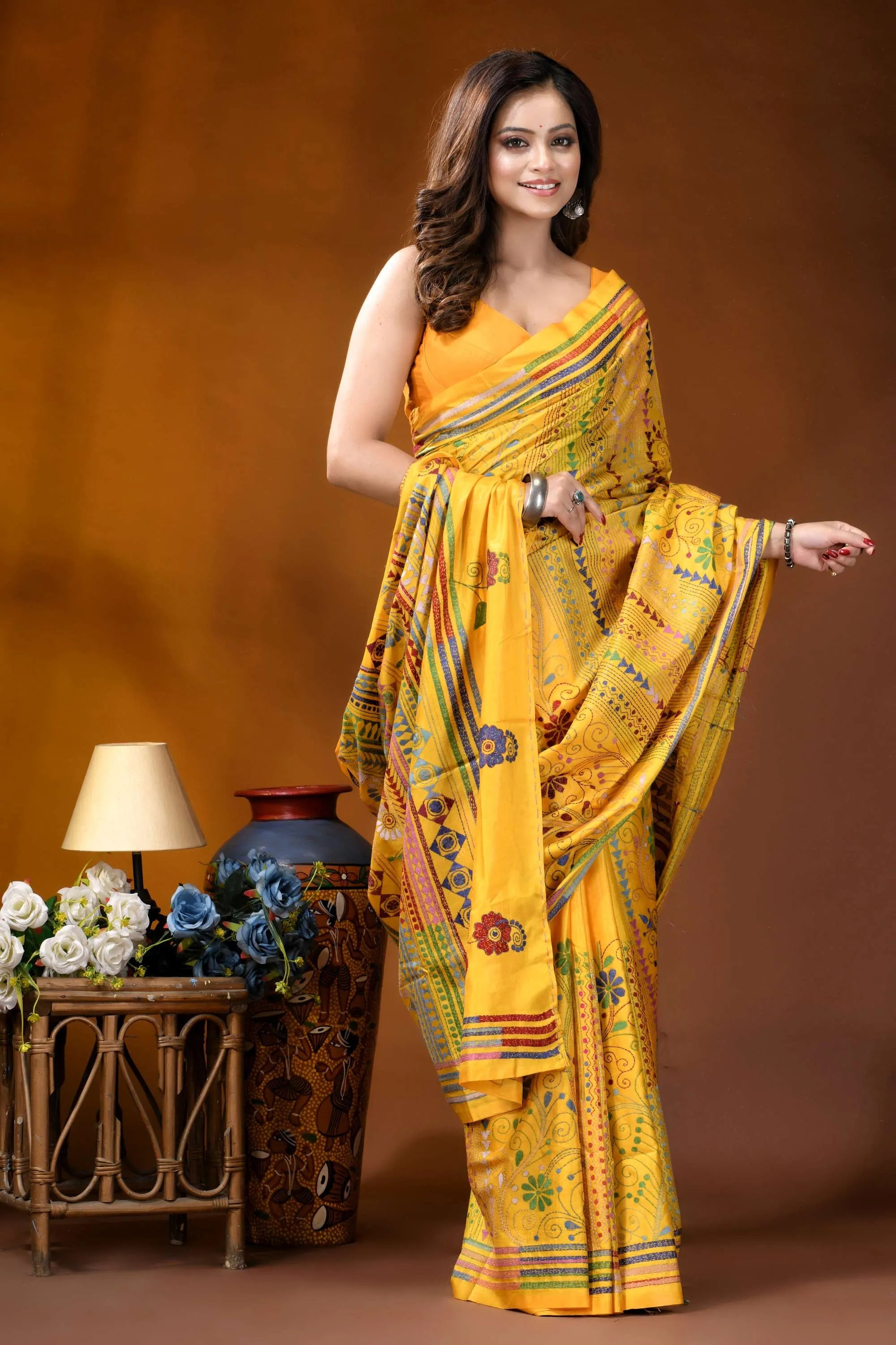 Golden yellow ethnic stripe design handmade silk kantha saree vibrant yellow saree intricate floral 4