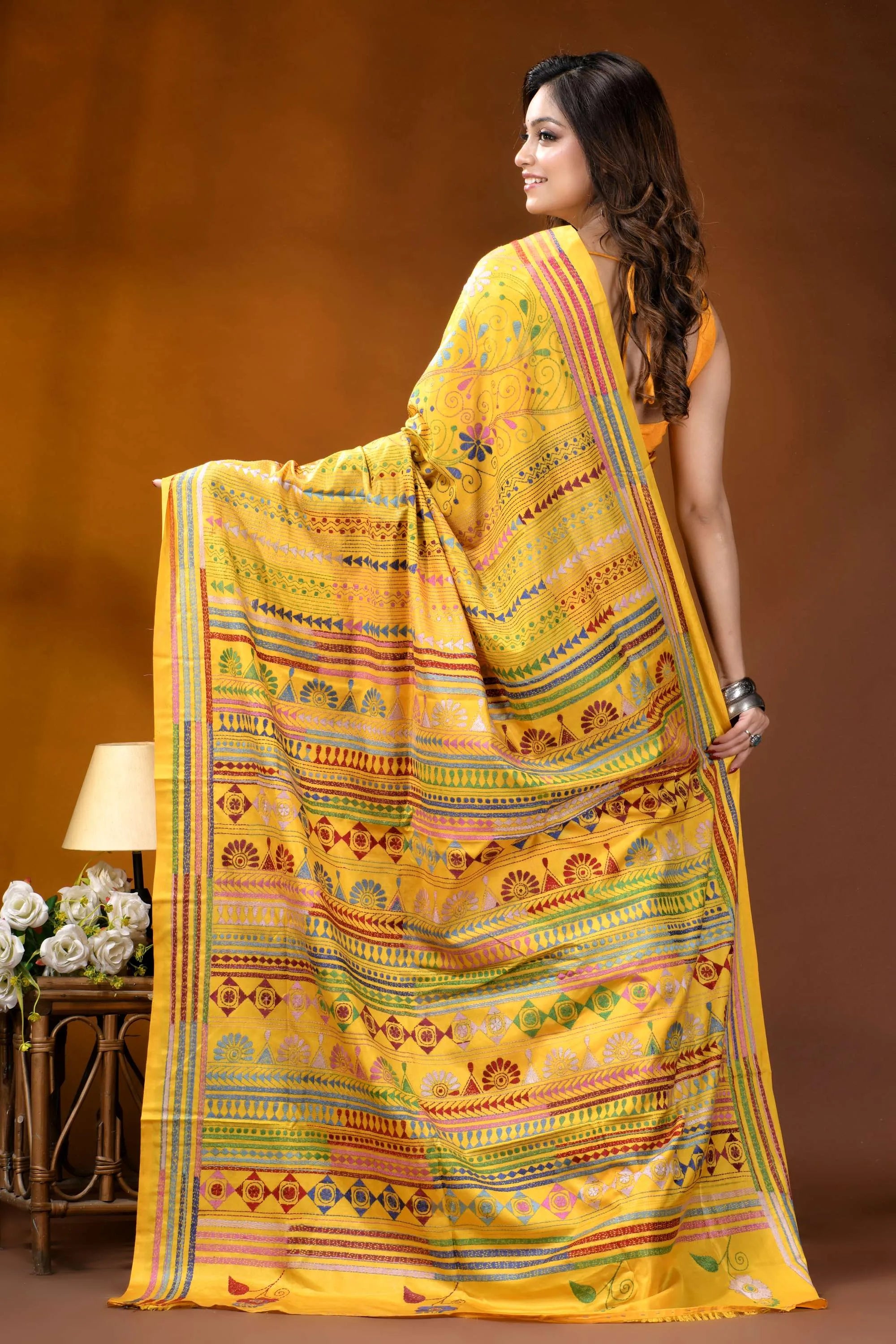 Golden yellow ethnic stripe design handmade silk kantha saree vibrant yellow saree intricate multicolored 5