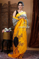 Golden yellow hand block pure mulberry silk saree woman yellow black saree 4