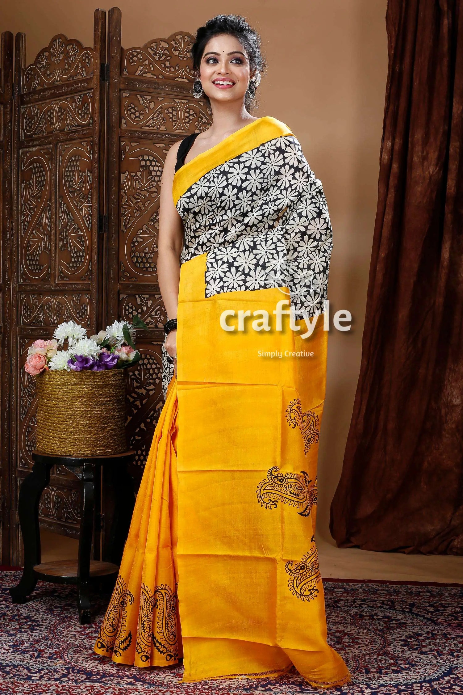 Golden yellow hand block pure mulberry silk saree yellow black floral saree 3