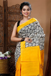 Golden yellow hand block pure mulberry silk saree woman yellow floral saree 2